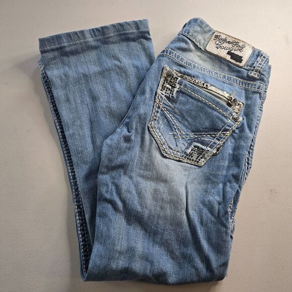 Rock and Roll Cowgirl Jeans Women's 29 x 32 ** Blue Low Rise Boot Cut Distressed - Picture 11 of 16